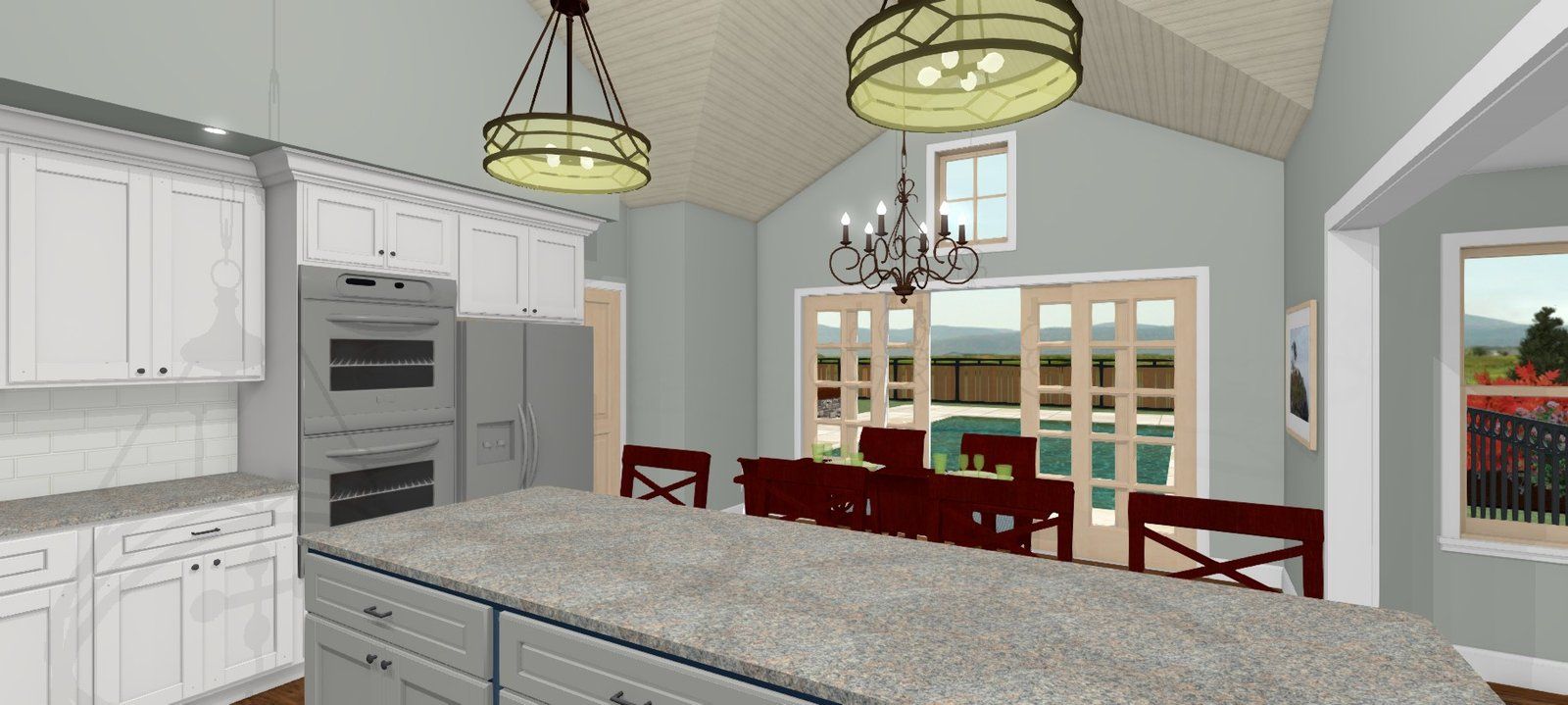 Bright kitchen with white cabinets, granite island, red chairs, and hanging pendant lights
