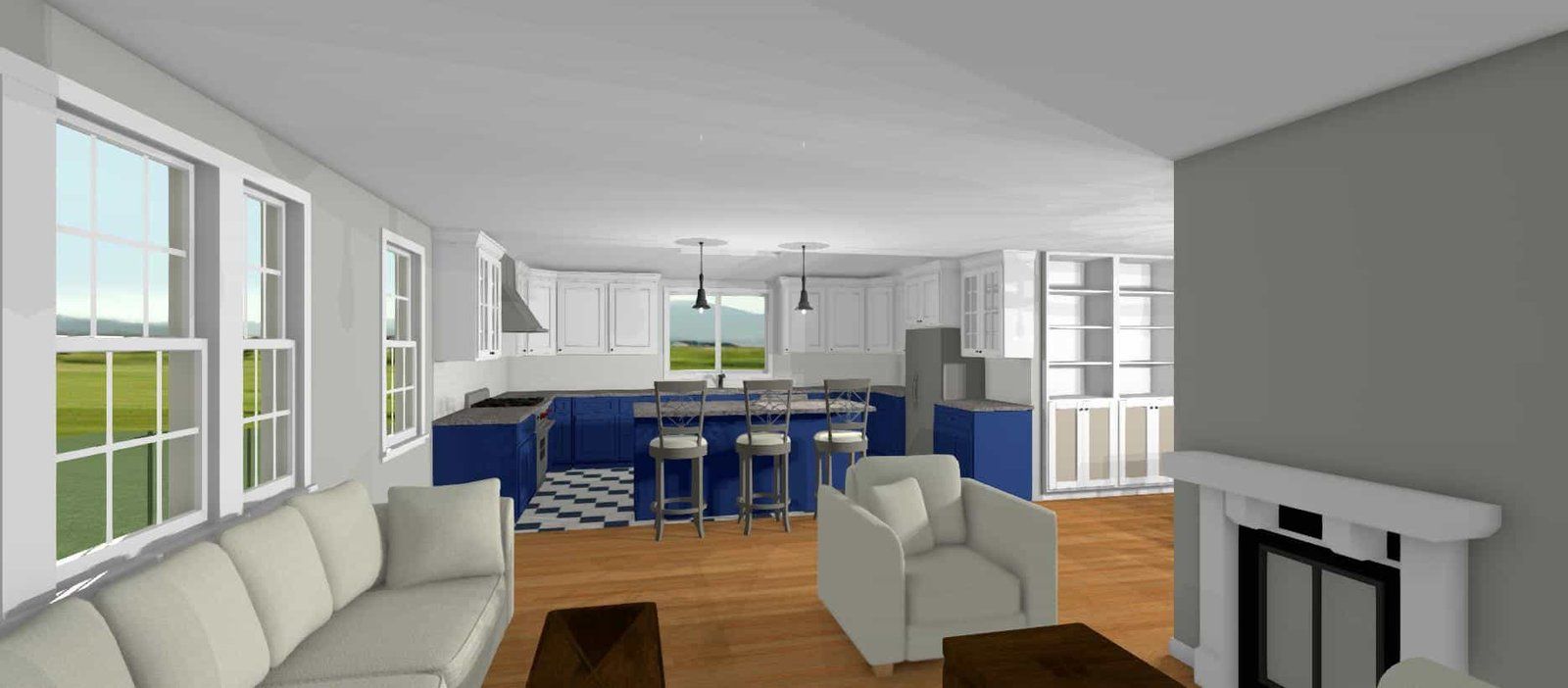 Bright modern living room with blue dining chairs, white sofa, and large windows looking out on a green lawn