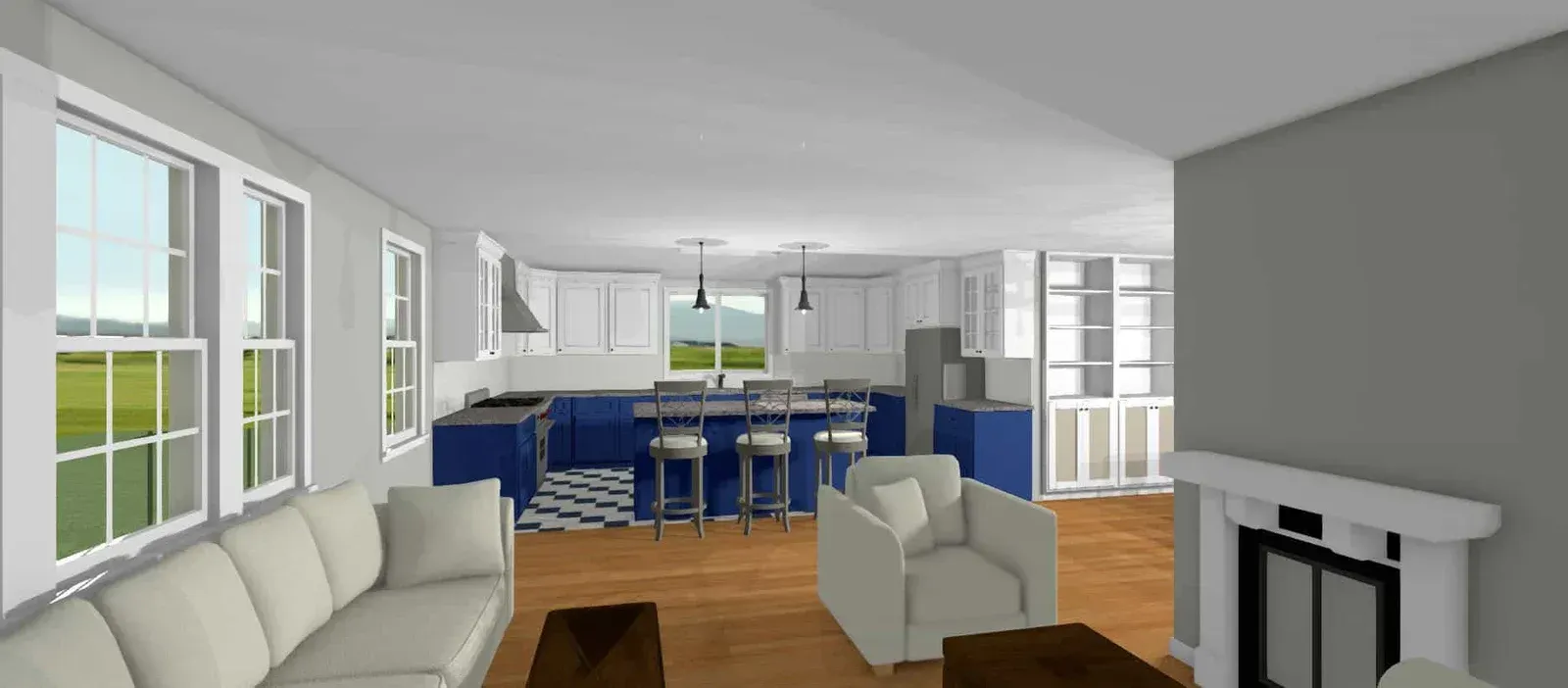 Bright modern living room and dining area with blue chairs, beige sofa, and large windows