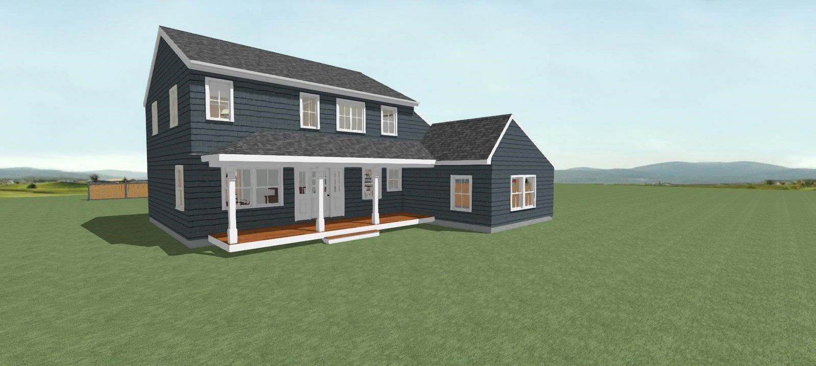 Dark blue two-story house with white trim and a porch, shown on a grassy lot under a clear sky