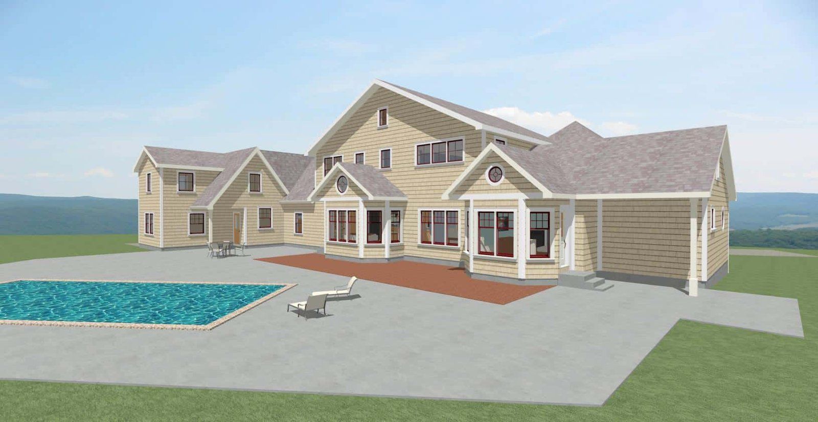 Modern house with gray siding, front porch, patio, and a swimming pool on a grassy lot