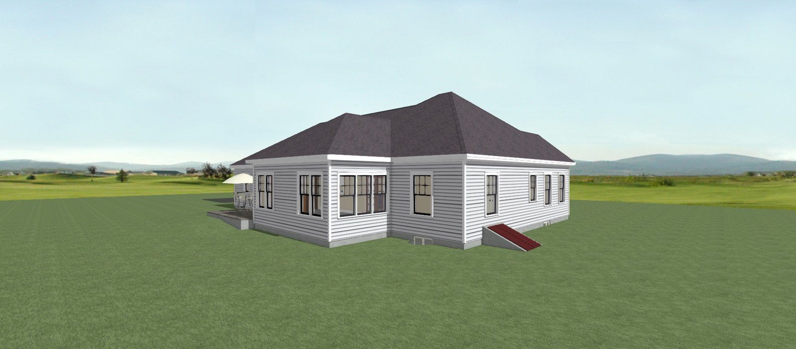 Small white house with a dark roof and red steps, sitting in a grassy field under a clear sky