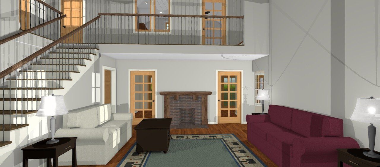 Bright living room with staircase, balcony railing, fireplace, and burgundy sofa