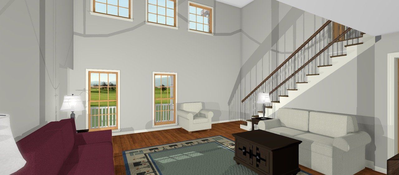 Bright living room with tall windows, staircase, sofa, armchair, rug, and coffee table