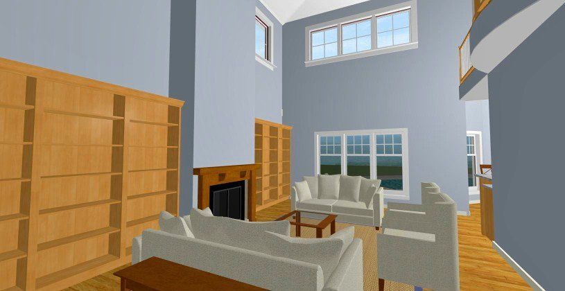 Bright living room with bookshelves, fireplace, sofa, armchair, and large windows in a modern house.