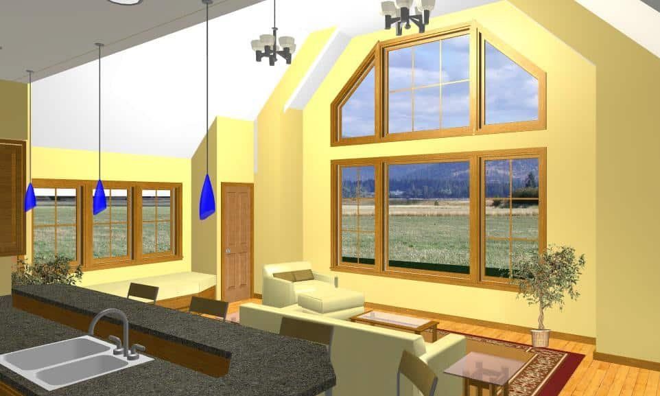Bright modern living room with large windows, skylights, yellow walls, and minimalist furnishings