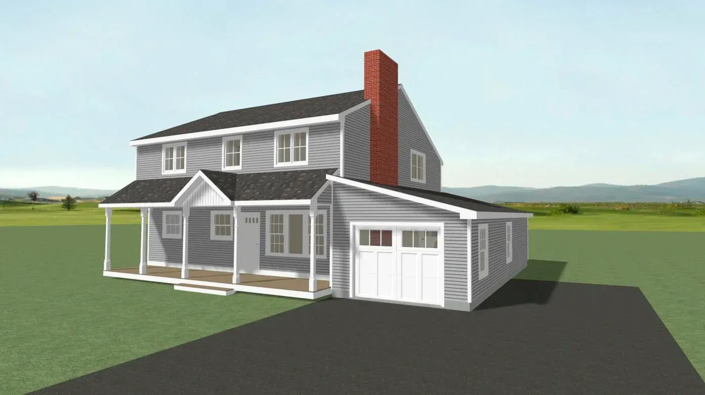 Gray two-story house with white trim, front porch, and attached garage on a grassy lot