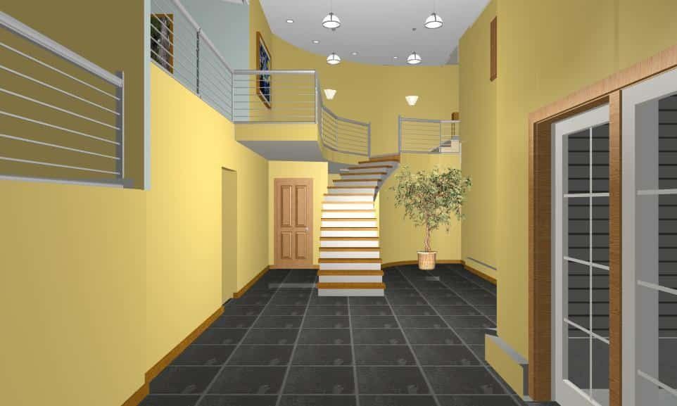 Yellow hallway with black tiled floor, central staircase, railings, and a potted plant by the wall