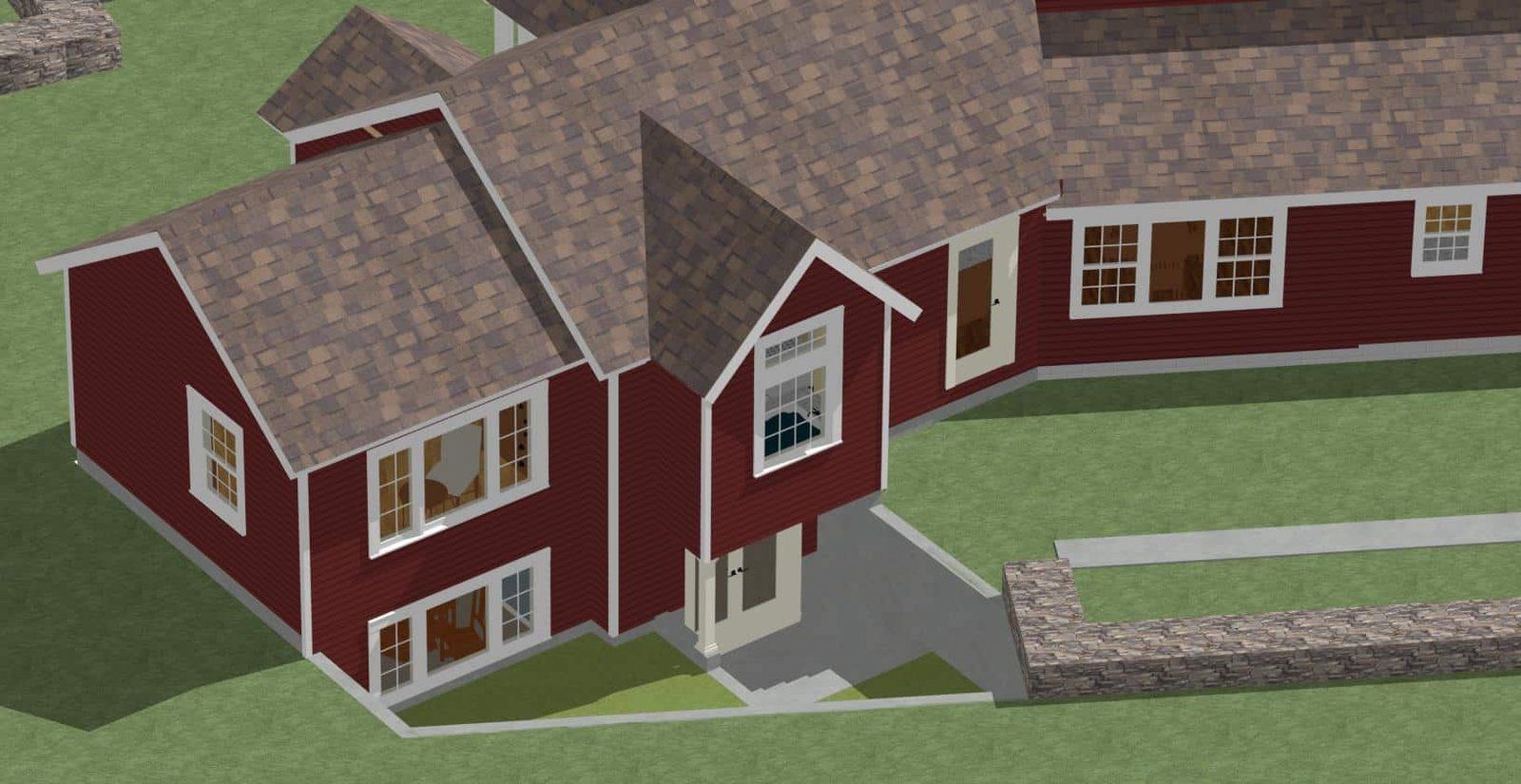 Aerial view of a red suburban house with white trim, gabled roof, driveway, and surrounding lawn.