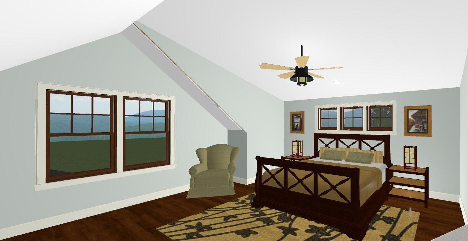 Cozy bedroom with large windows, wooden bed, armchair, ceiling fan, and framed wall art