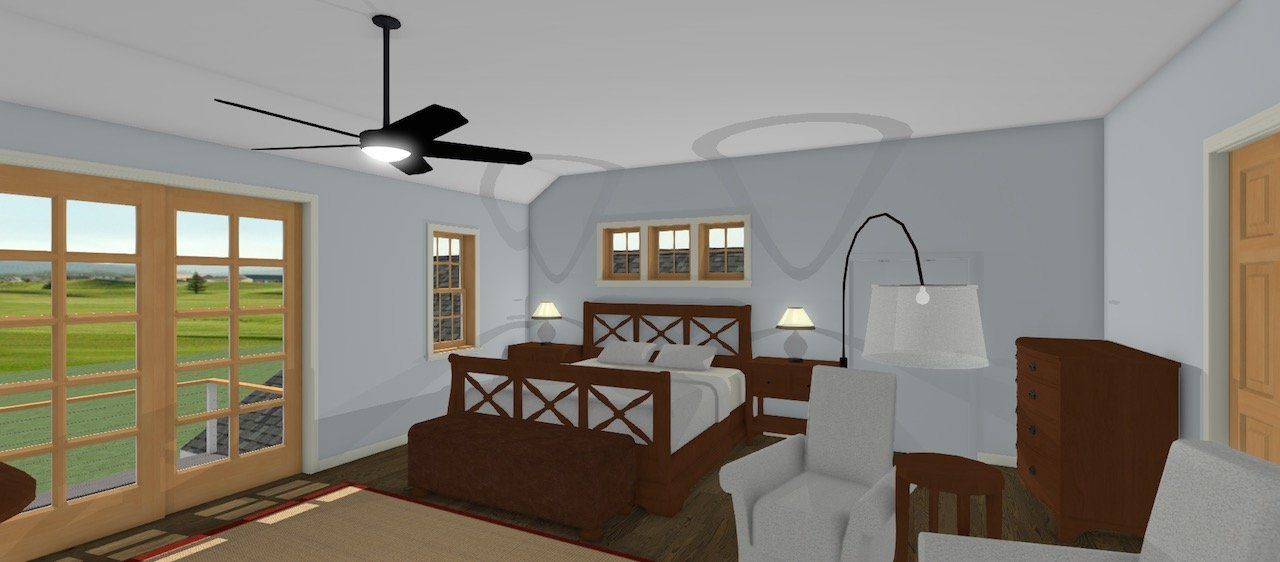 Bright bedroom with a wooden bed, gray chair, dresser, ceiling fan, and large window view
