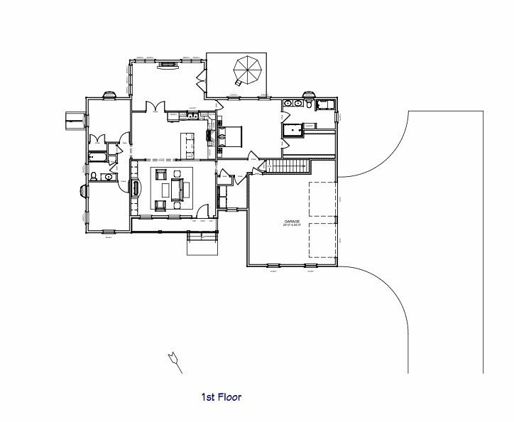 Architectural floor plan labeled “1st Floor” showing rooms, stairs, and driveway layout
