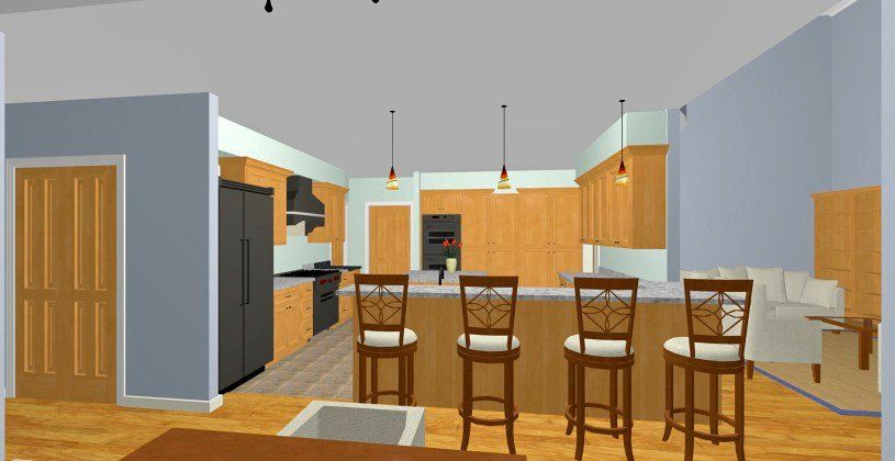 Modern kitchen with wood cabinets, bar stools, island counter, and pendant lights