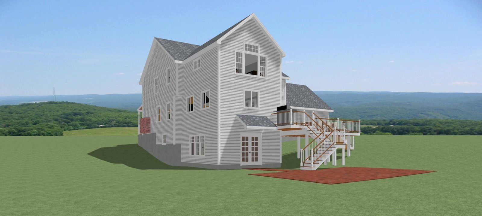 Gray house with a white deck on a grassy hill overlooking a blue ocean