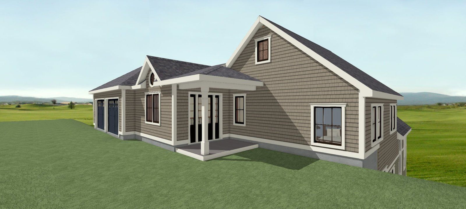 3D rendering of a beige house with a porch and gabled roof on a grassy lot