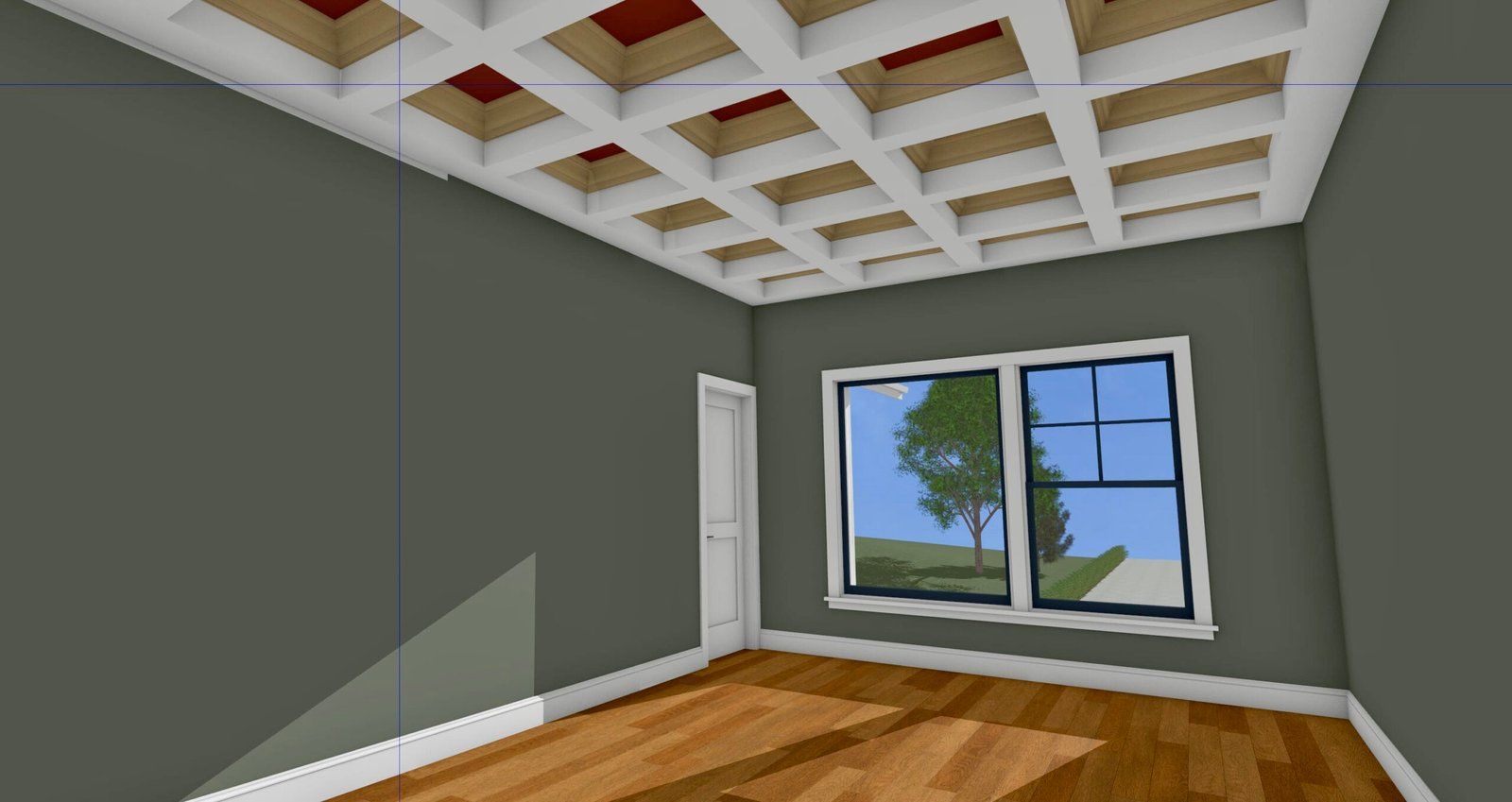 Empty modern room with gray walls, wood floor, white door, and large window showing trees and blue sky