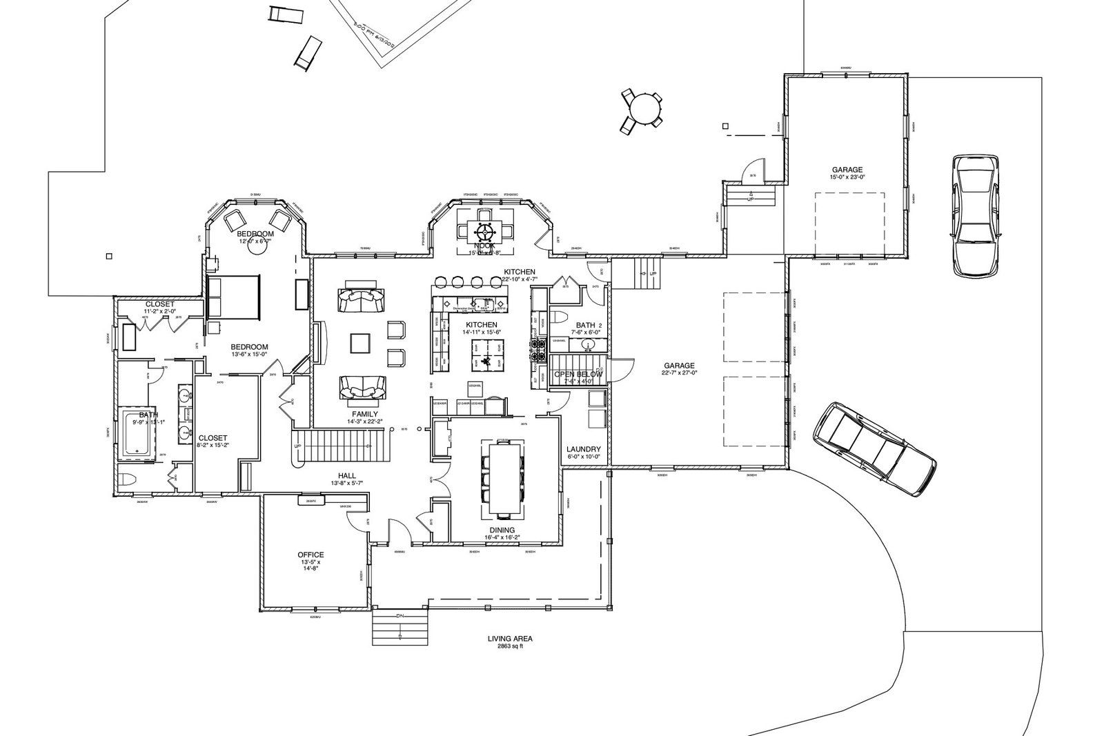 Black-and-white architectural floor plan with rooms, driveway, and cars on a property layout