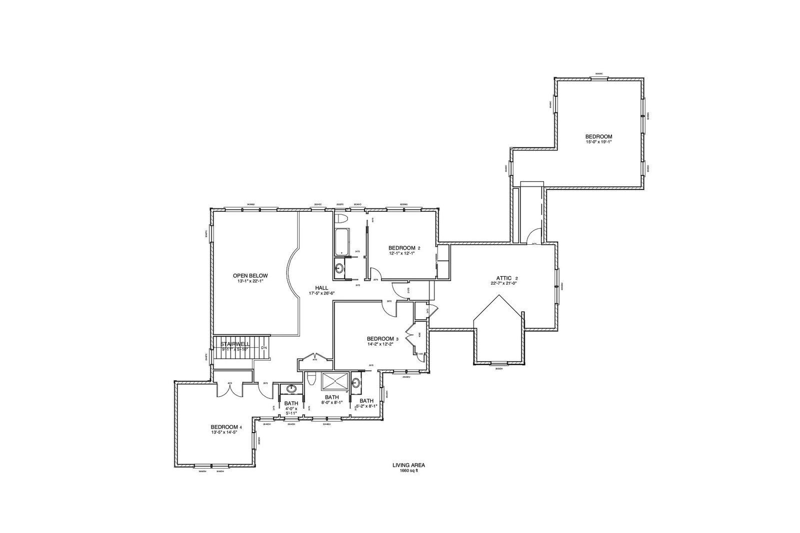 Black-and-white floor plan diagram of a multi-room house layout with labeled sections.