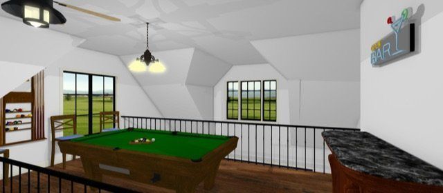 Loft game room with pool table, black railing, windows, and pendant lights