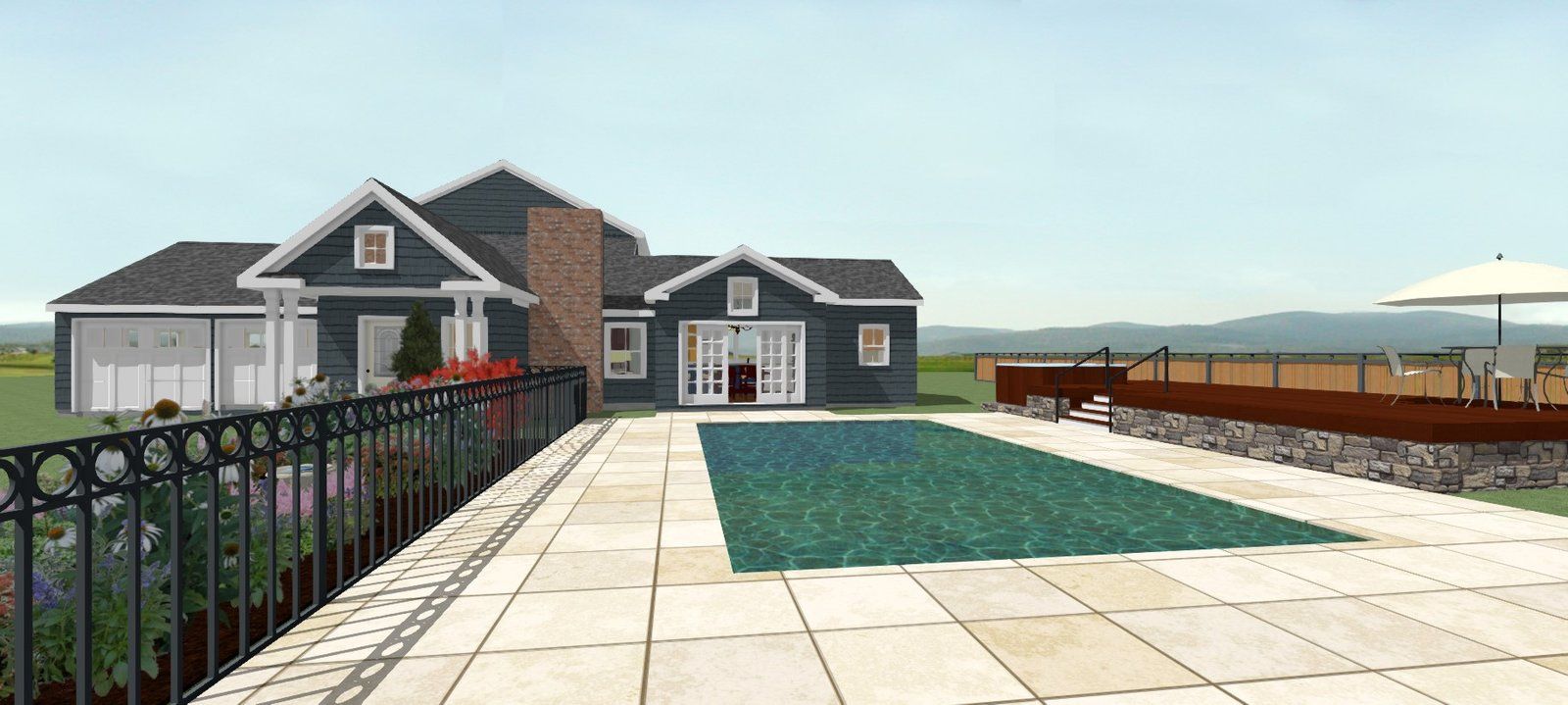 Modern house with a fenced patio and rectangular pool on a bright day
