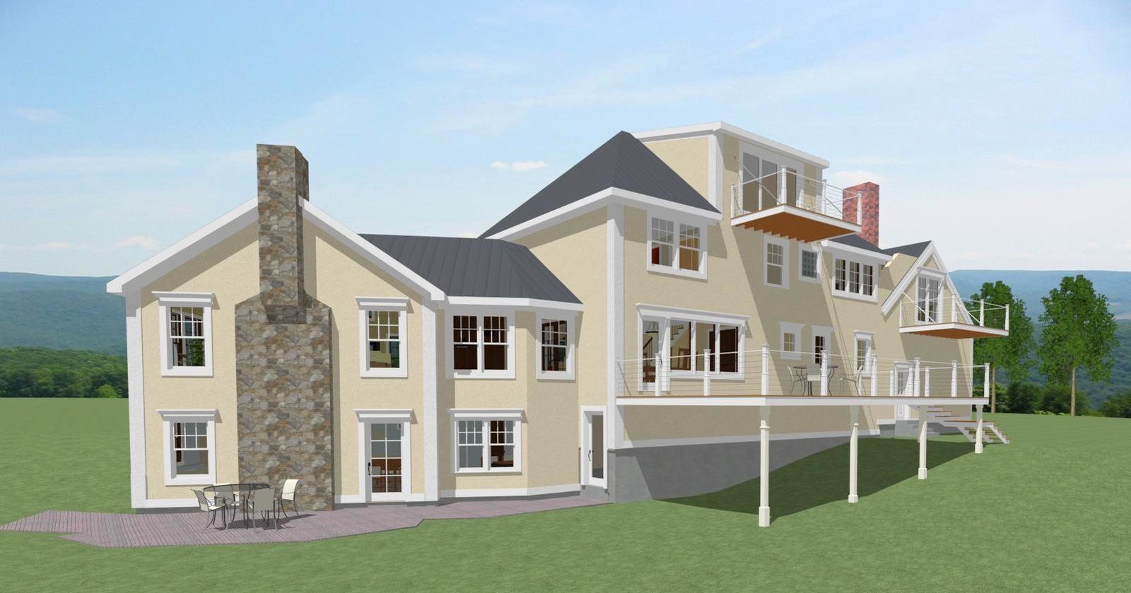 3D rendering of a beige two-story house with stone chimney and wraparound porch on a grassy lot
