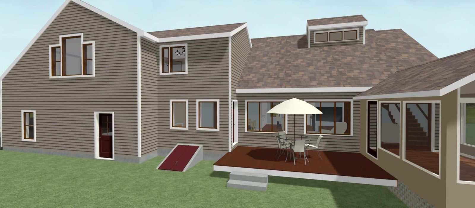3D rendering of a house with a wooden deck, patio umbrella, and sliding doors in a backyard.