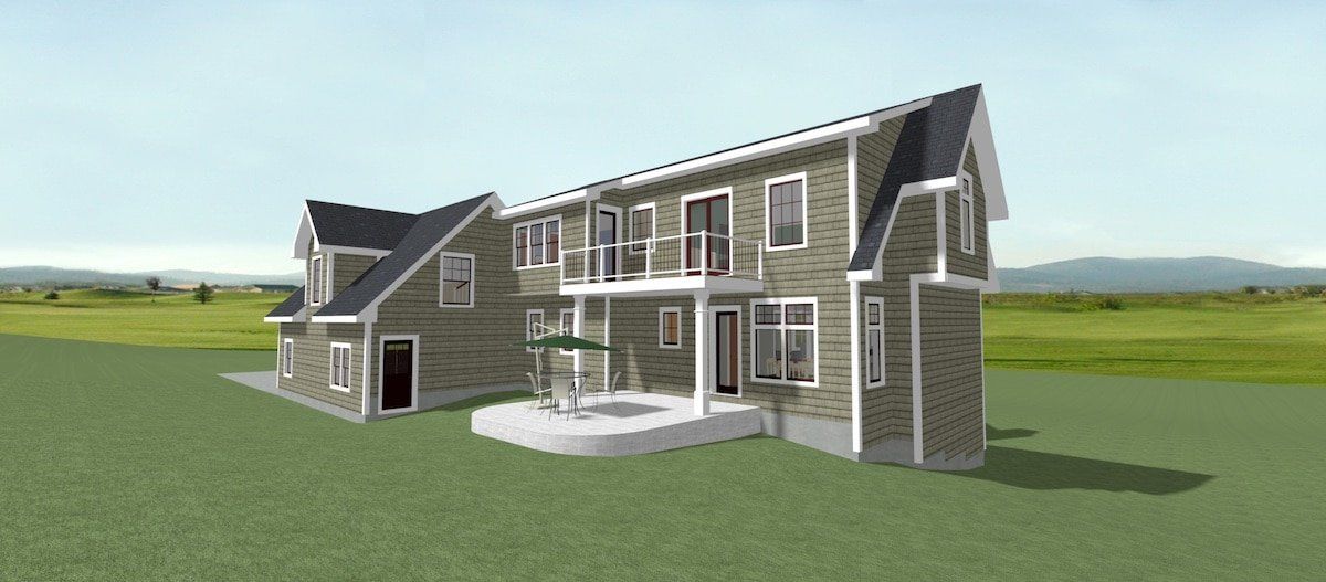 Modern two-story gray house with white trim and a covered front porch in a grassy field