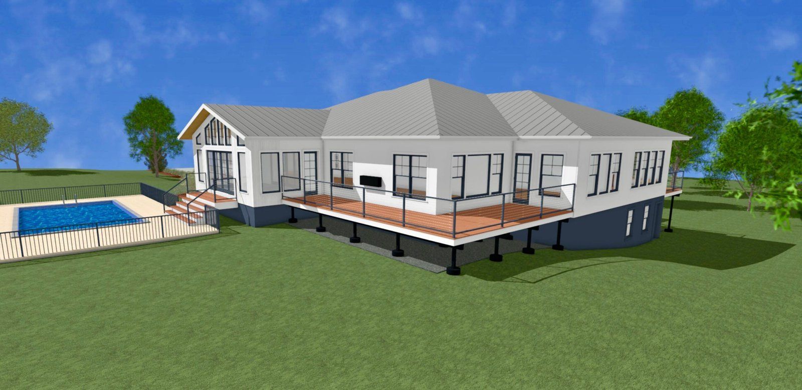 3D rendering of a modern house with a raised wooden deck, pool, and green lawn under a blue sky