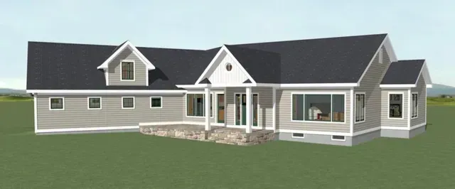 Rendered exterior of a single-story gray house with a dark roof and front porch on a grassy lot