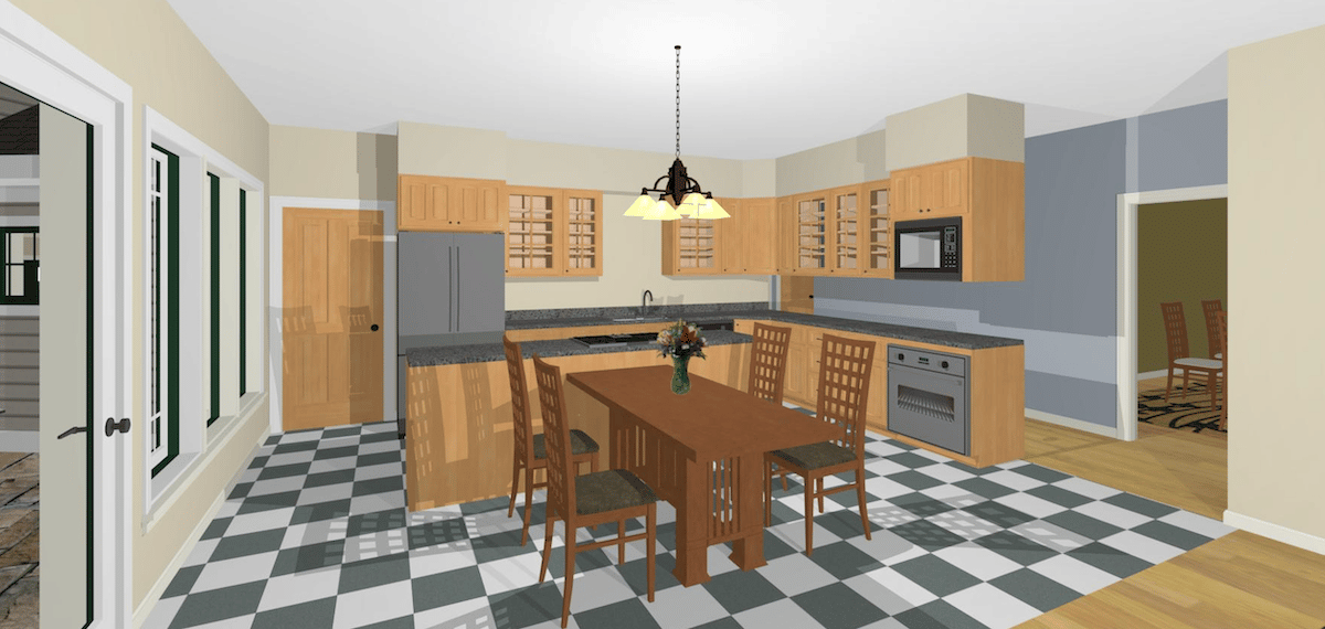 Modern kitchen with wood cabinets, gray appliances, and black-and-white checkered floor in a 3D rendering