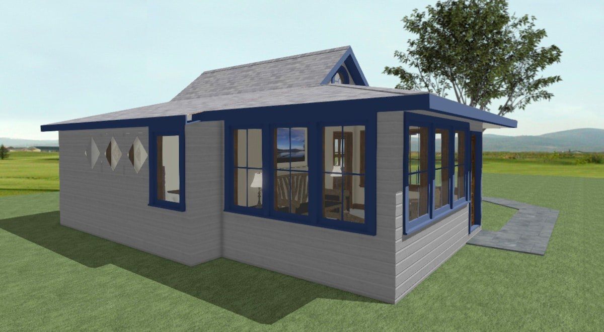 Modern single-story house with blue trim, gray siding, and a small front porch in a grassy field