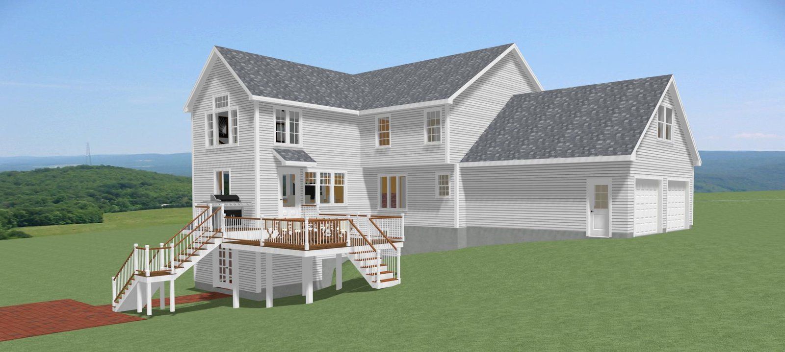 White two-story house with porch, deck, and attached garage on a grassy hillside