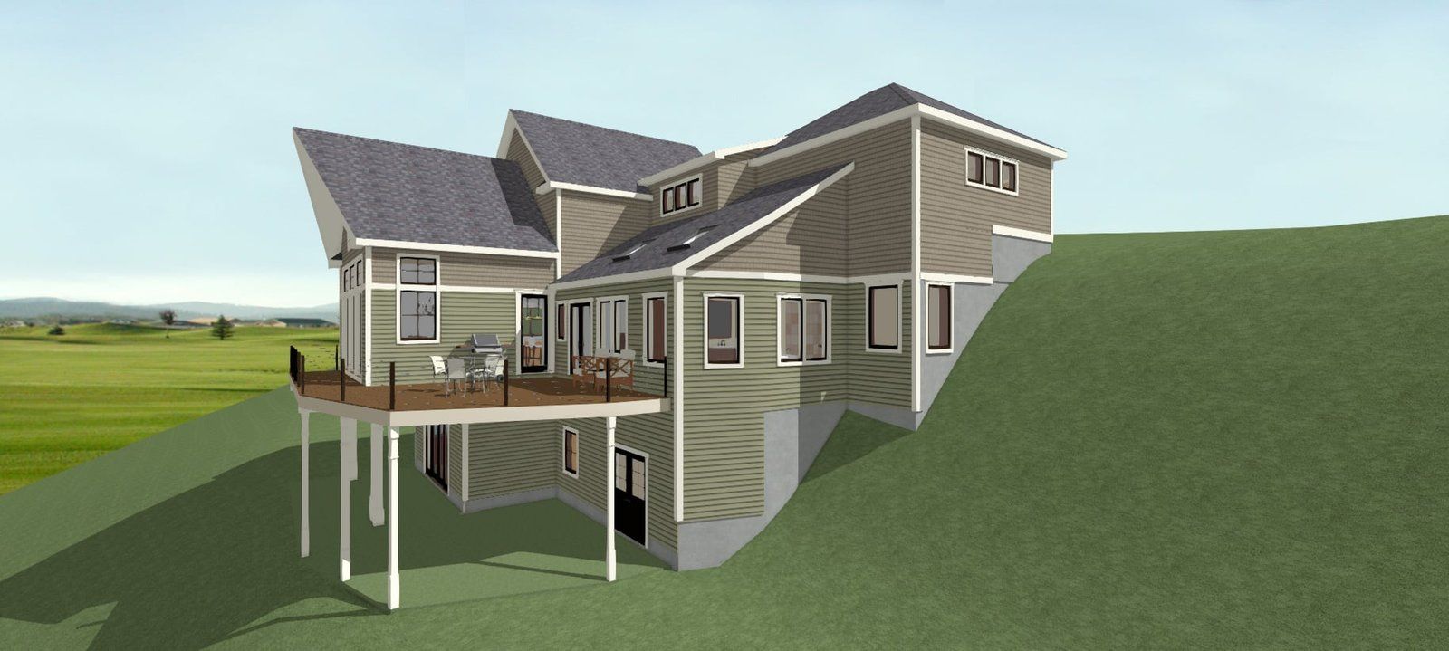 Exterior 3D rendering of a gray house with solar panels, a deck, and a sloped grassy lot