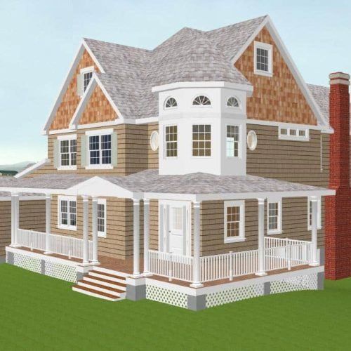 Two-story house with gray roof, tan shingles, white trim, and wraparound porch
