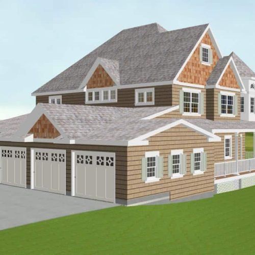 Large gray suburban house with tan siding, multiple gables, and a three-car garage on a green lawn