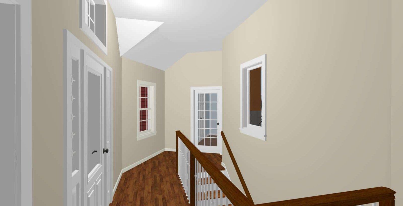 Narrow upstairs hallway with beige walls, white doors, wood floor, and a stair railing.