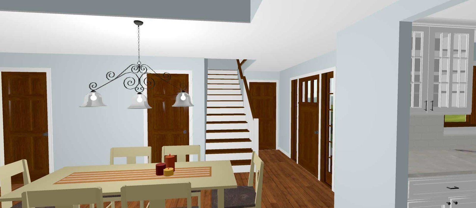 Bright dining room with wooden table, chairs, staircase, and open doors leading to another room