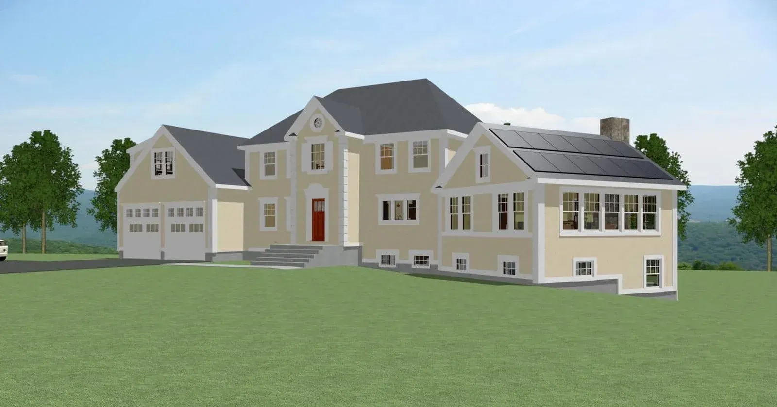Large beige suburban house with attached garage, red front door, and solar panels on the roof, set on a grassy lot.