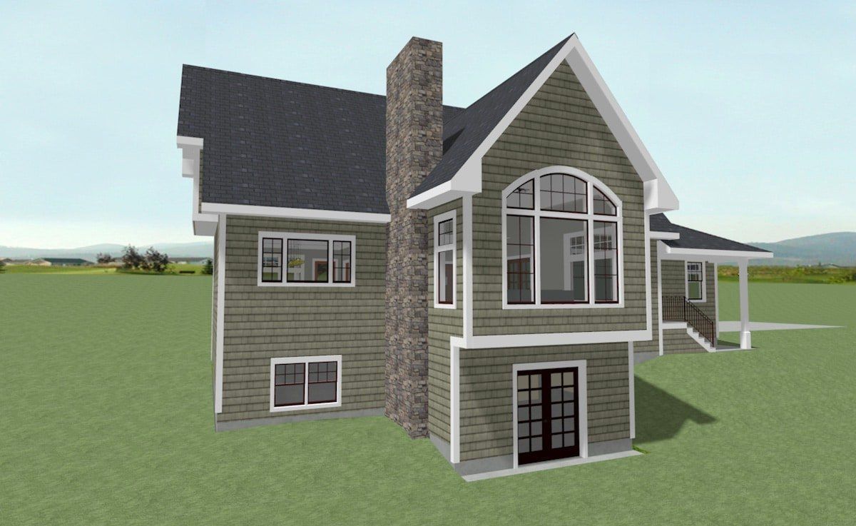 3D rendering of a gray two-story house with white trim, a brick chimney, and large front windows