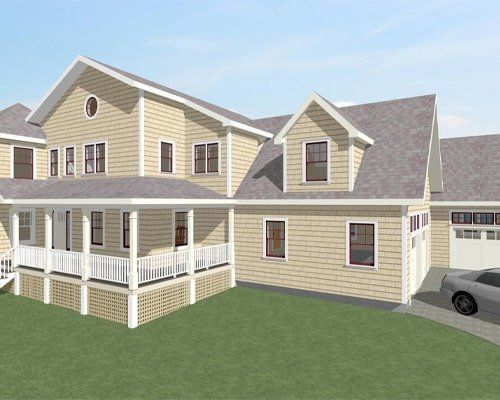 Two-story beige house with white porch, gray roof, and a parked car in the driveway.