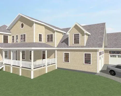 Beige suburban house with white porch, gray roof, and a driveway with a parked car