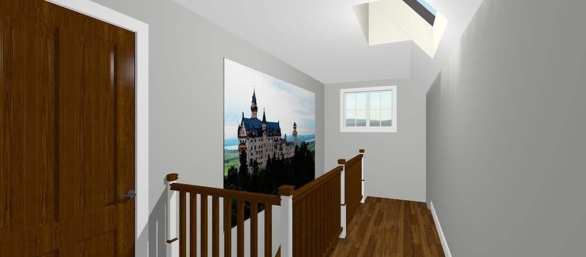 Bright hallway with wood flooring, railing, a wooden door, and a castle wall art under a skylight.