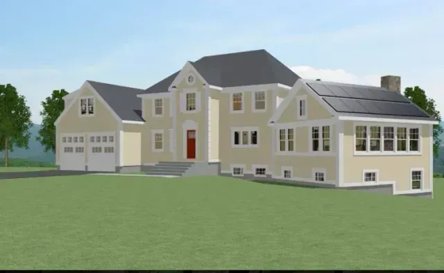 Large beige suburban house with gray roof, white trim, and a red front door on a green lawn