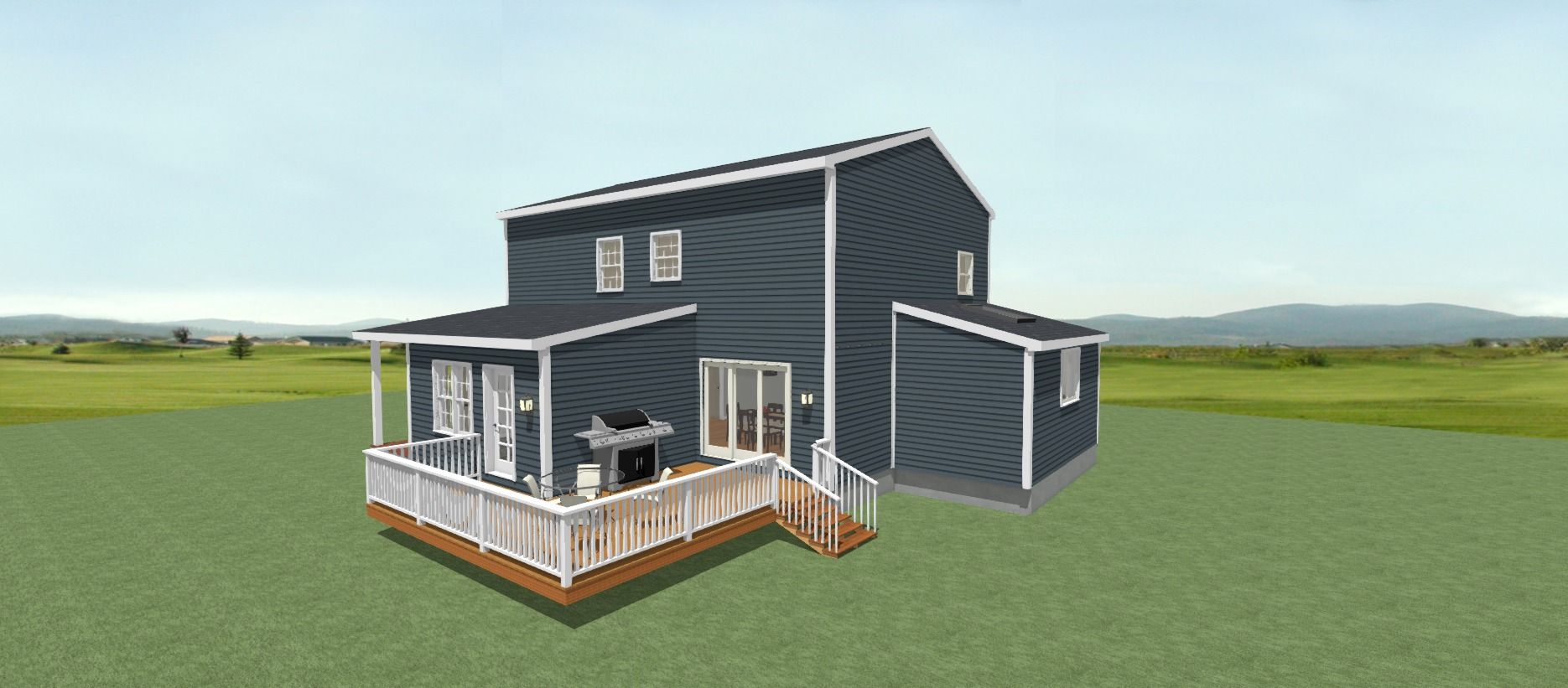 Dark gray two-story house with a front porch and deck in an open grassy field