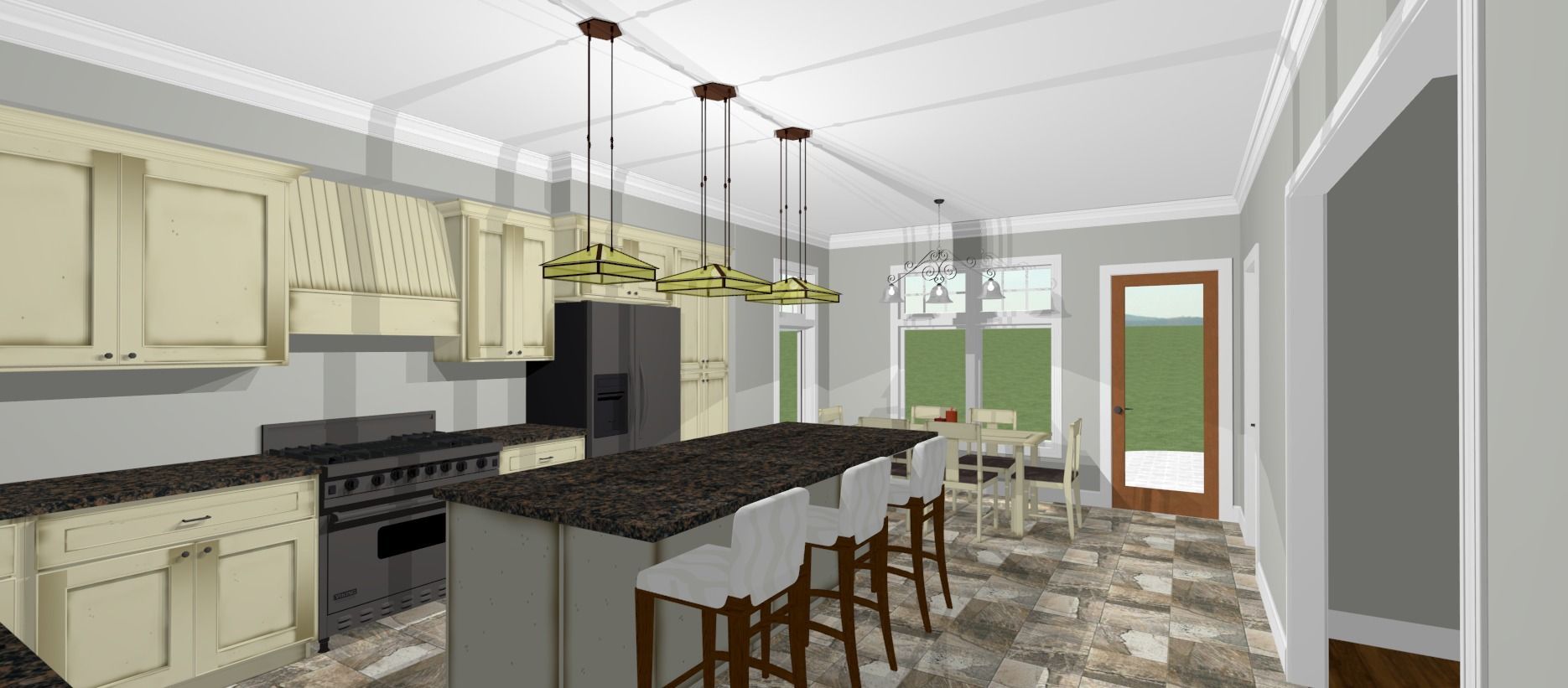 Modern kitchen with cream cabinets, dark island, pendant lights, and barstools