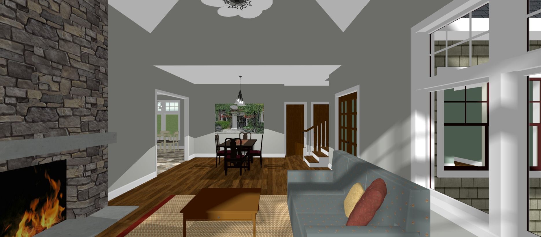 Modern open-concept living room with stone fireplace, gray sofa, and dining area in the background