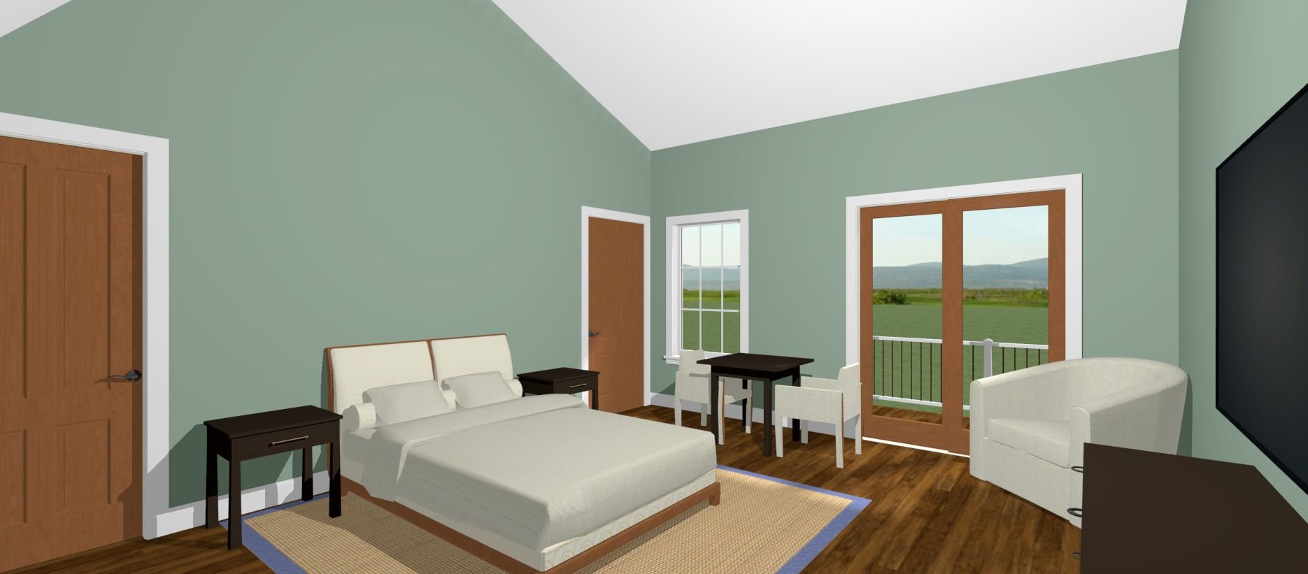 Minimal bedroom with a bed, desk, wood floor, green walls, and a window overlooking a balcony