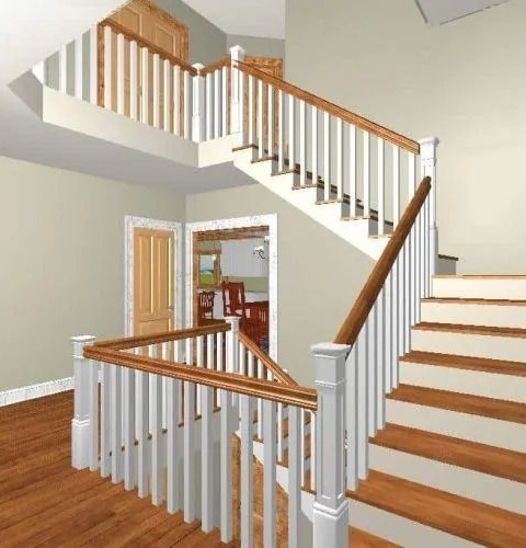 Bright interior staircase with white balusters, wood railings, and hardwood floors in a home hallway