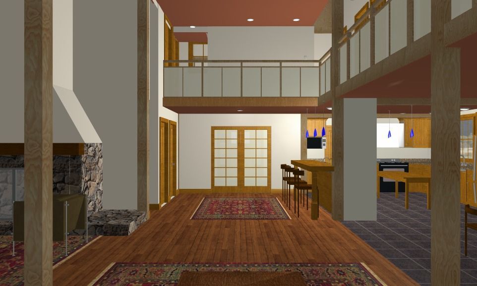 Modern loft interior with wood floors, staircase, balcony, desk, and patterned rugs