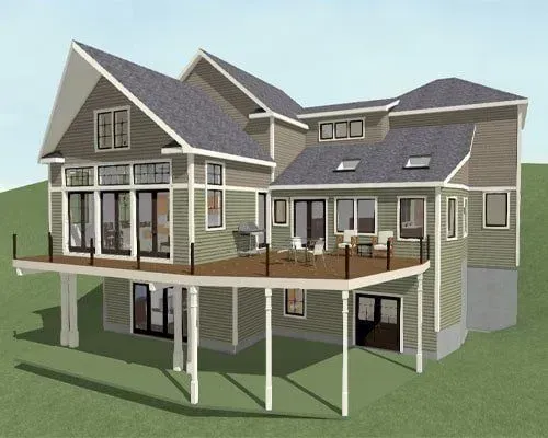 3D rendering of a gray suburban house with multiple decks and a raised patio on a grassy lot